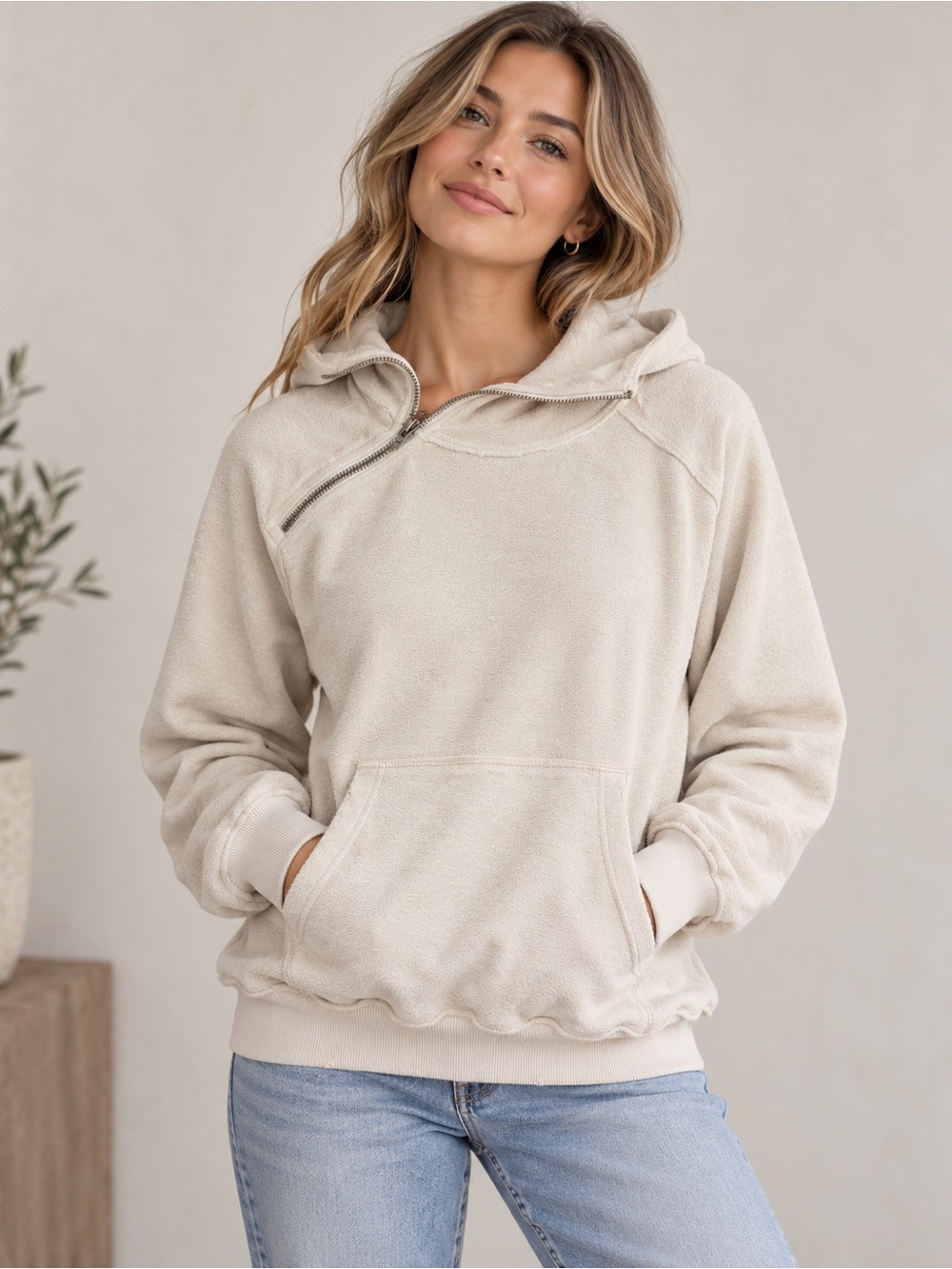 Free People “We The Free” Light Terry Asymmetrical Zip Hoodie Cream